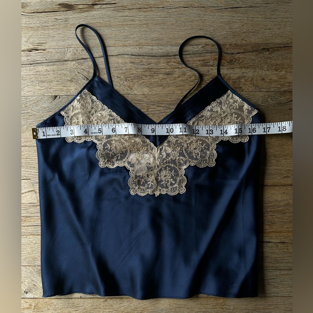 Vintage Morgan Taylor Camisole 100% Silk / Dark Blue / Ivory Lace / Size Small - Picture 7 of 8